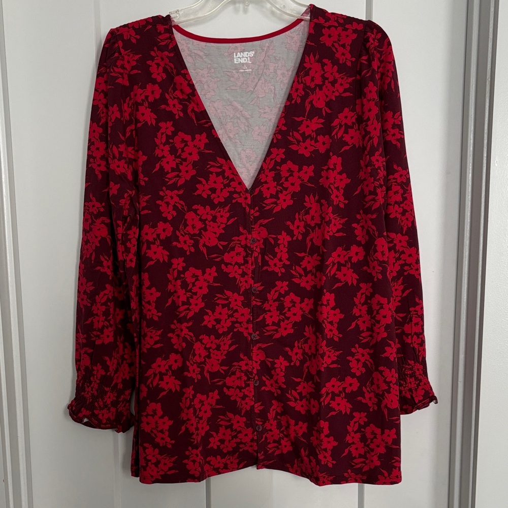 Lands' End Women's Burgundy Floral V-Neck Blouse